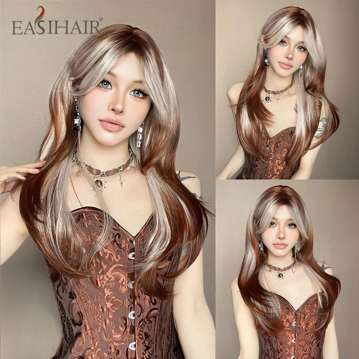 EASIHAIR Brown Straight Layered Wigs for Women Long Natural Hair