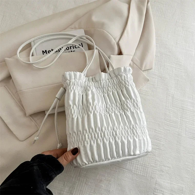 Silver Pleated Drawstring Shoulder Bucket Bags Women
