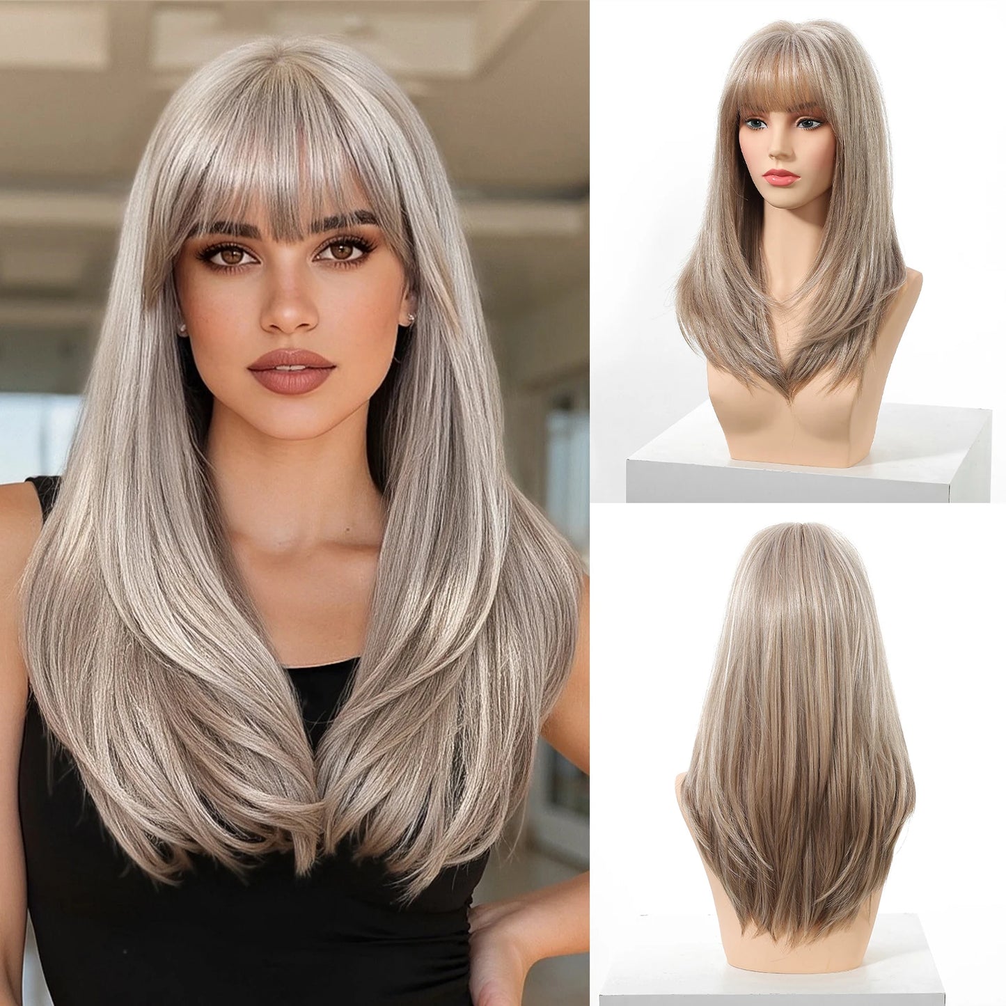 EASIHAIR Brown Straight Layered Wigs for Women Long Natural Hair