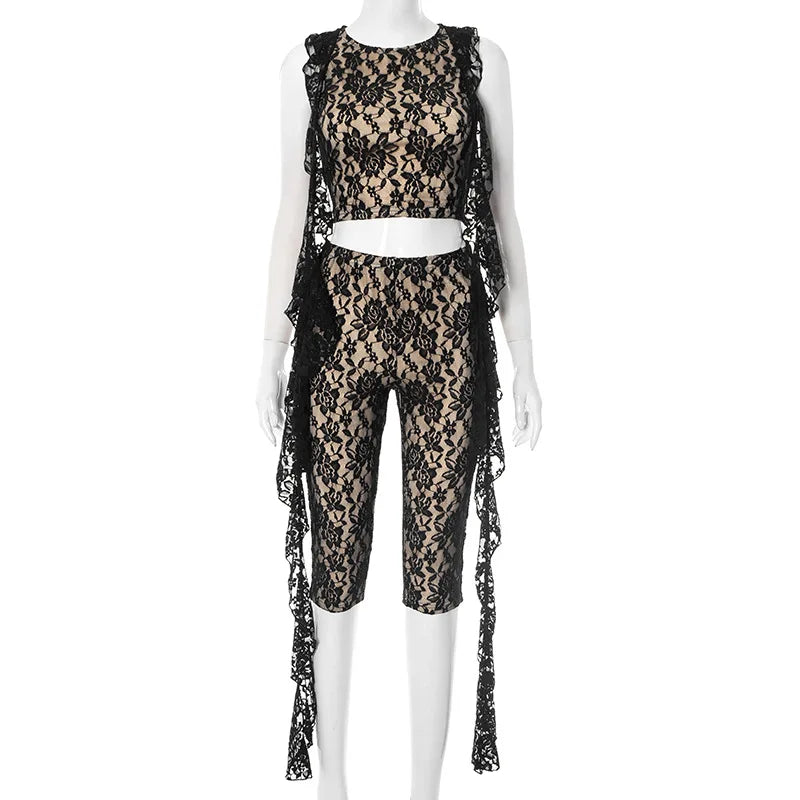 2025 Summer Lace Ribbons Sheer Slim Elegant 2 Piece Set Women