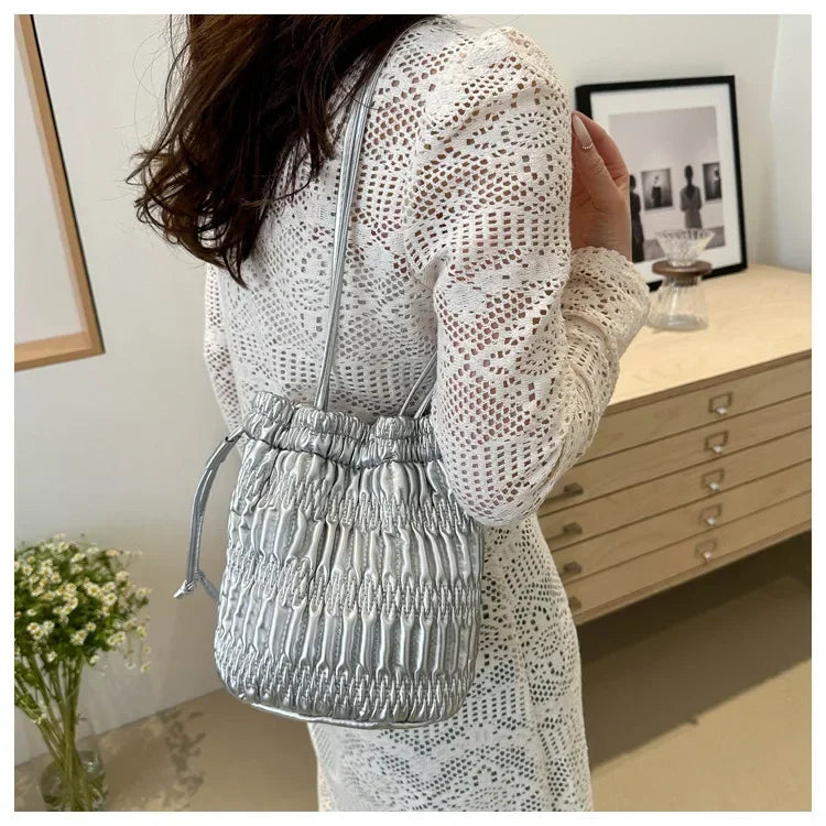 Silver Pleated Drawstring Shoulder Bucket Bags Women