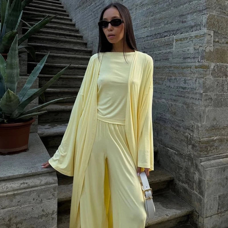 Casual Yellow Women 3 Pieces Suits 2025 V-neck Long Coat