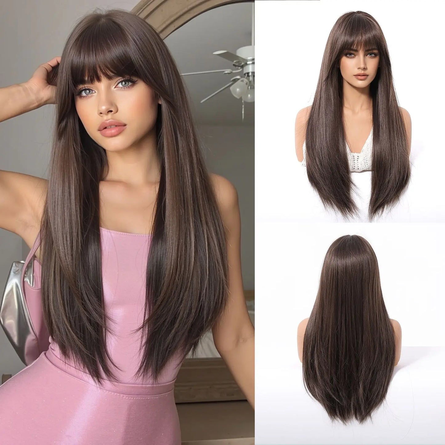 EASIHAIR Women Synthetic Wigs Long Brown Ombre Blonde Layered Hair Straight Wigs